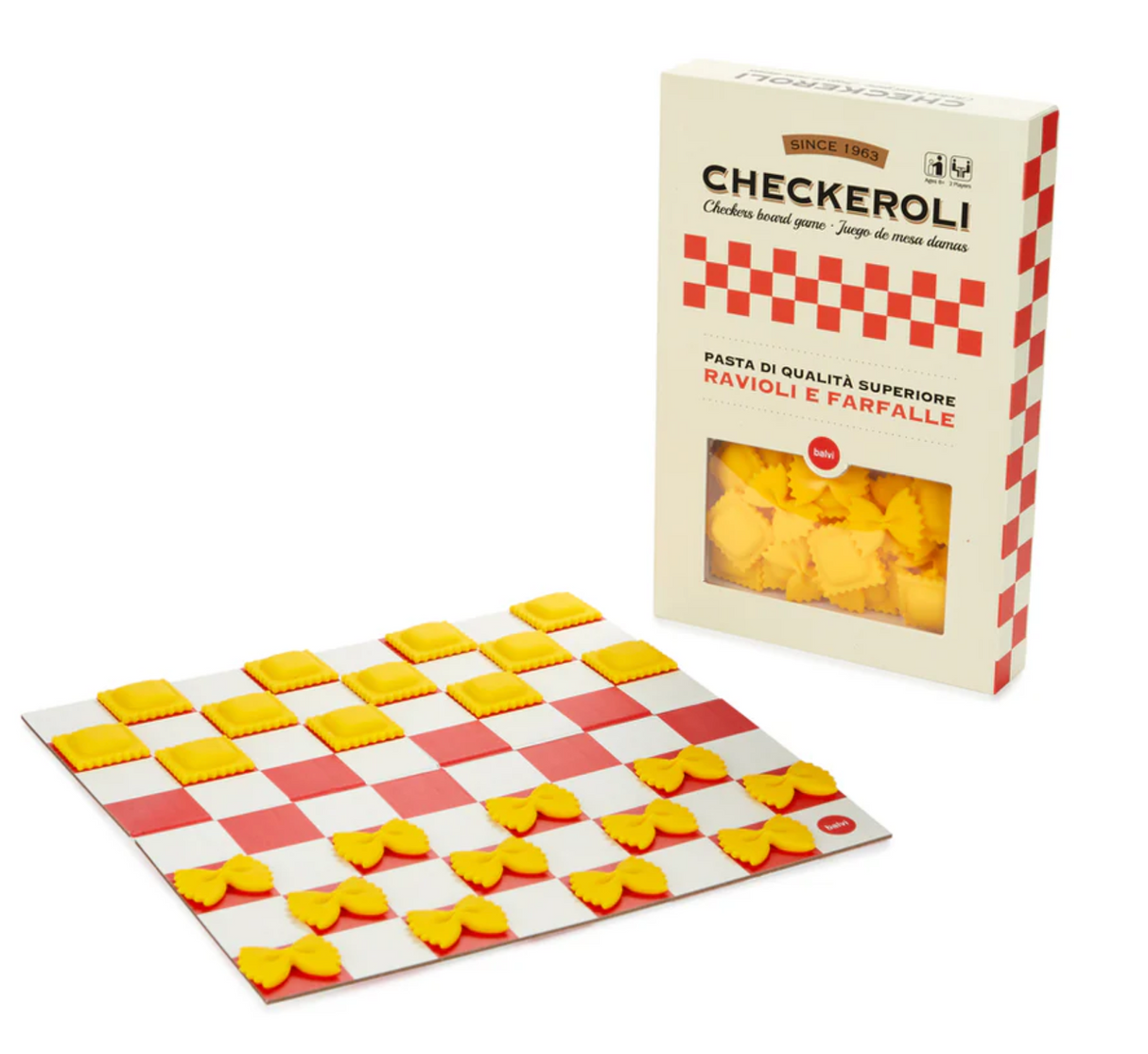 Checkeroli game with pasta-shaped pieces on a red-and-white checkered board and pasta box packaging