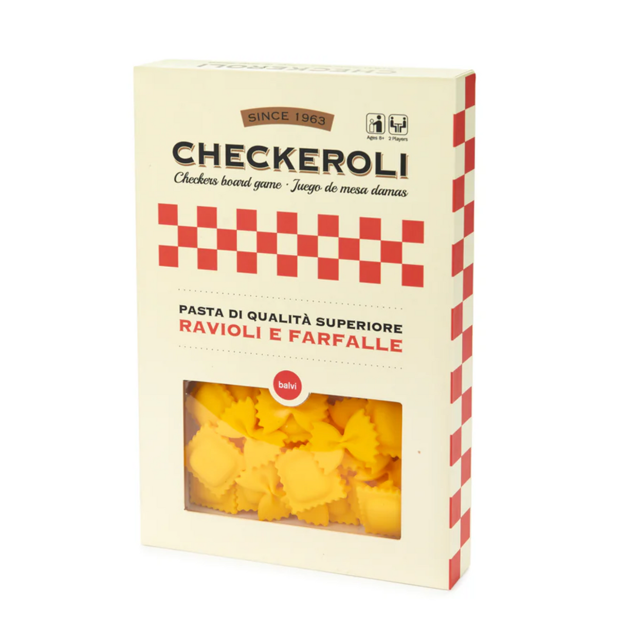 Checkeroli game packaging styled like a pasta box filled with pasta-shaped checkers pieces inside a window box