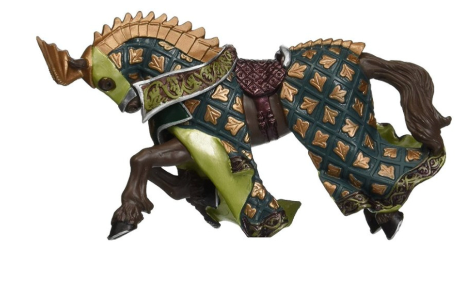 Black horse figurine with dark green and gold detailed caparison and gold armor along its back in a dynamic pose