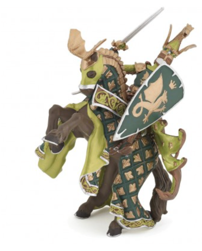 Majestic black horse figure with dark green and gold armour and caparison in dynamic rearing pose.