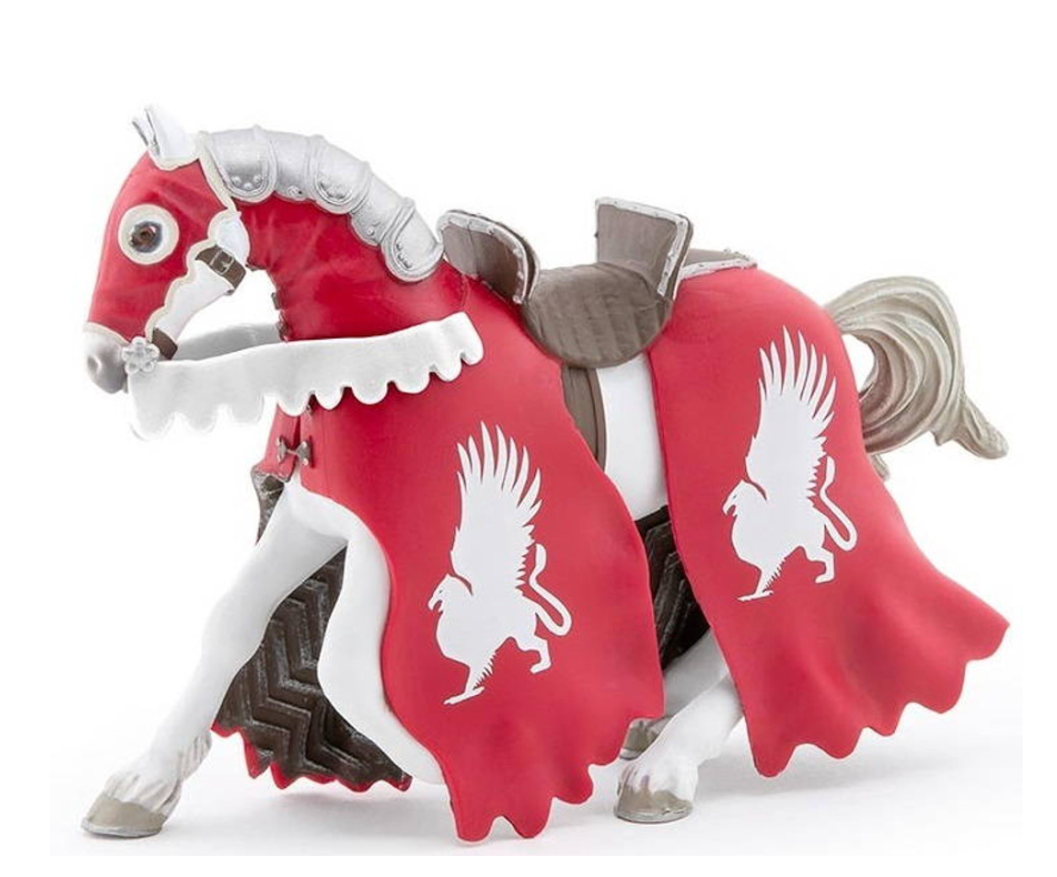 Red knight horse figurine with silver armor and white griffin crest on cloak and blanket