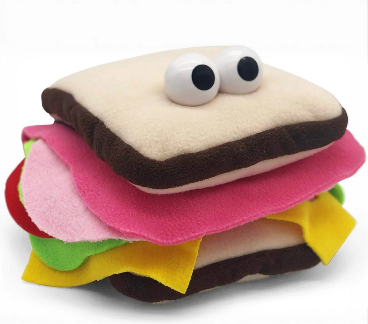 Soft sandwich hand puppet with colorful felt layers and playful googly eyes for creative storytelling and fun play.