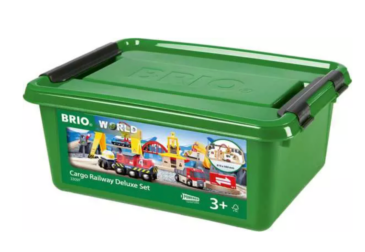 Green storage box for Cargo Railway Deluxe Set with toy train and cargo play images on the label
