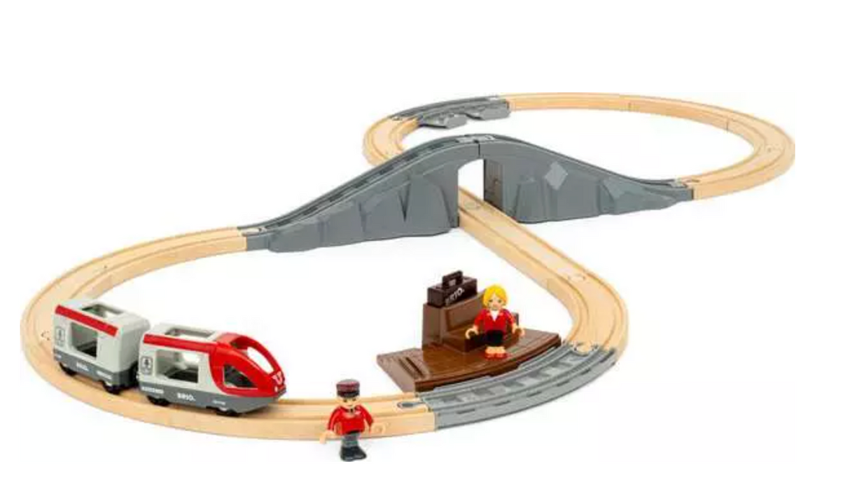 Wooden travel train set with figure 8 track, tunnel, red and white train, and two passenger figures on platform