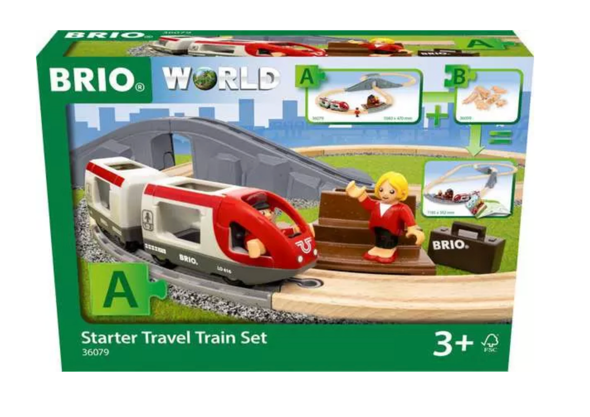 BRIO World Starter Travel Train Set with a modern red and white train, figure 8 track, tunnel, and a figure on a bench