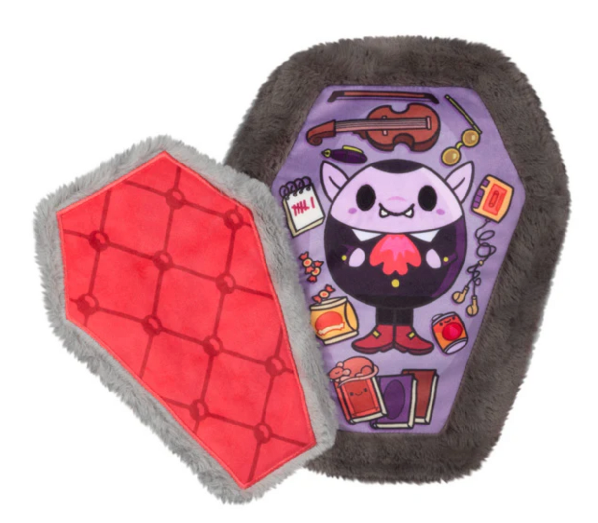 Soft plush coffin toy with a playful vampire design and quirky nighttime accessories for all ages.