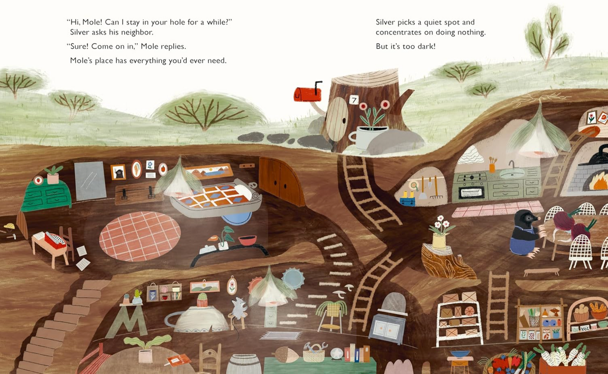 Illustration of underground mouse homes showing cozy burrow rooms and tunnels in a friendly, busy environment.