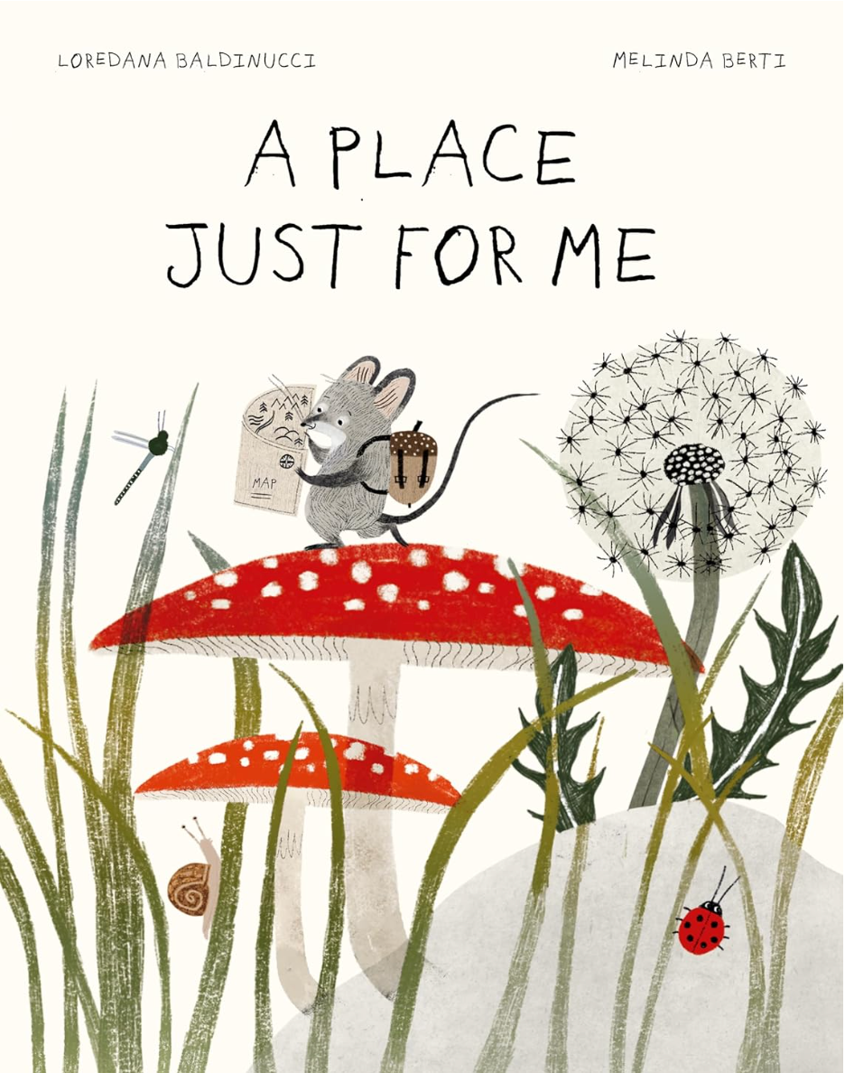 Illustration of a mouse with a backpack standing on a red mushroom surrounded by tall grass and dandelions