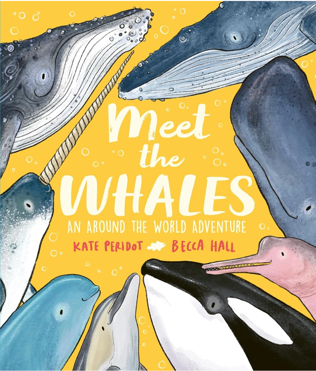 Illustrated cover showing different whale species around white text on a bright yellow background.