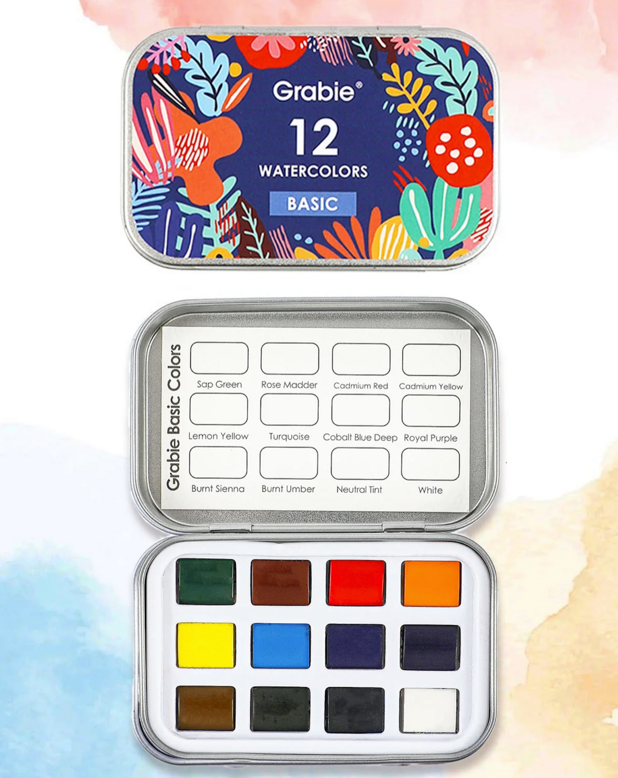 Open compact metal case with 12 vibrant watercolor half-pans labeled with color names against a floral background