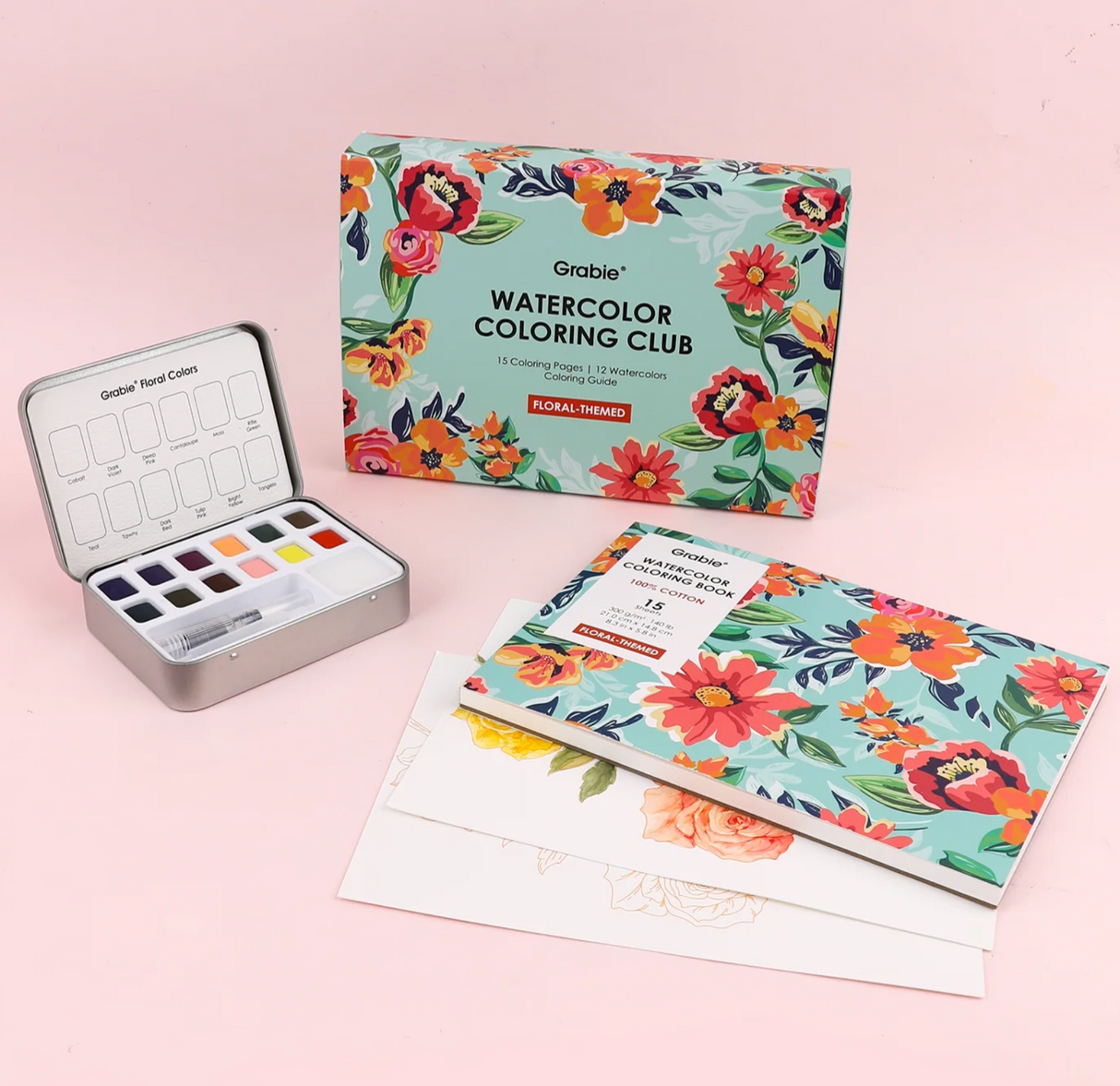 Floral-themed watercolor set with 12 vibrant colors and a 15-sheet coloring book on heavyweight cotton paper