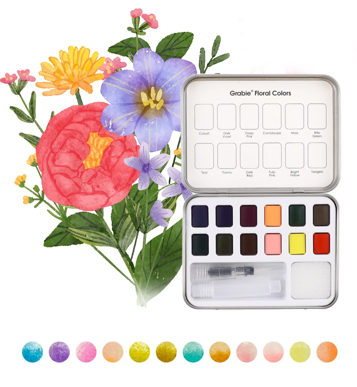 Watercolor floral palette with 12 vibrant shades and a brush, shown with delicate painted flowers behind.
