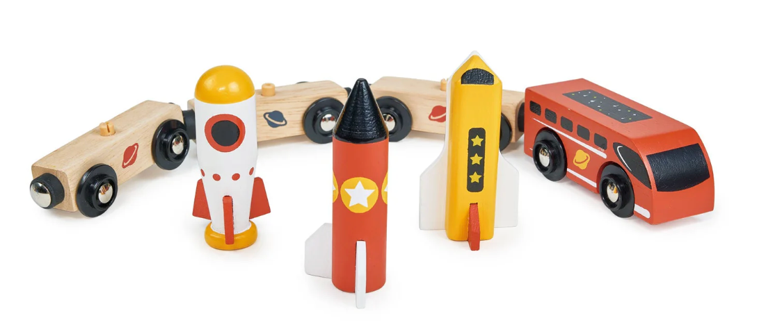 Wooden space rocket train set with colorful engine and three rocket-shaped carriages for imaginative playtime adventures