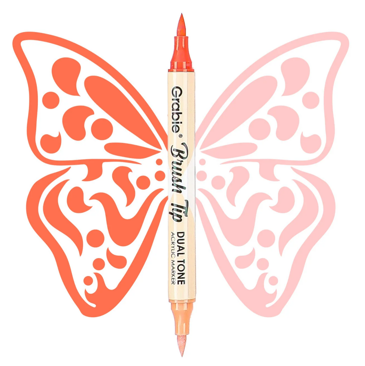 Dual tone brush tip acrylic paint marker with vibrant coral and pink shades and artistic butterfly design background
