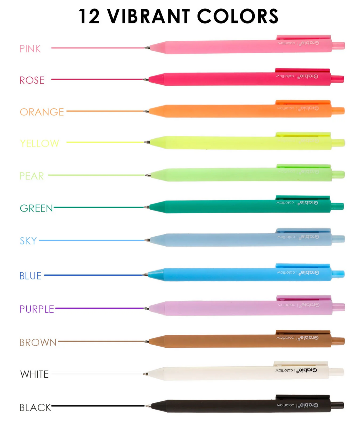 Set of 12 colorful retractable acrylic gel pens in shades including pink, orange, green, blue, purple, brown, white, and black.