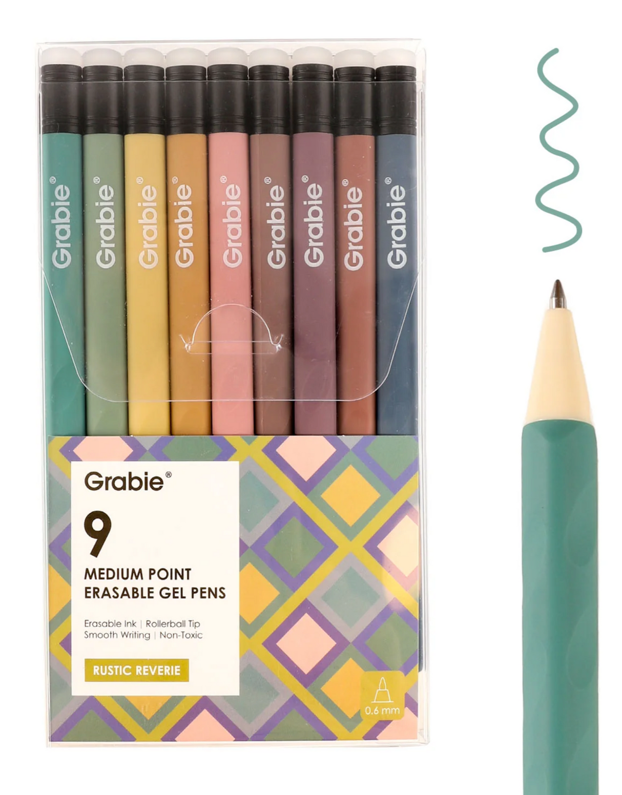 Set of nine Grabie medium point erasable gel pens in rustic pastel colors with smooth writing ink and rollerball tip