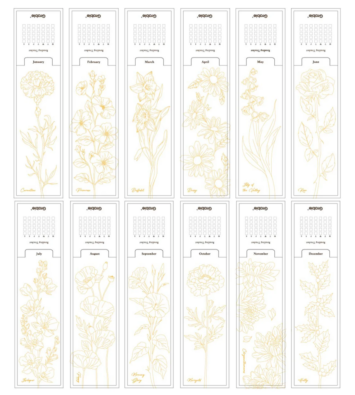 Set of 12 delicate watercolor bookmarks featuring monthly birth flower designs outlined in gold for coloring and personalization.