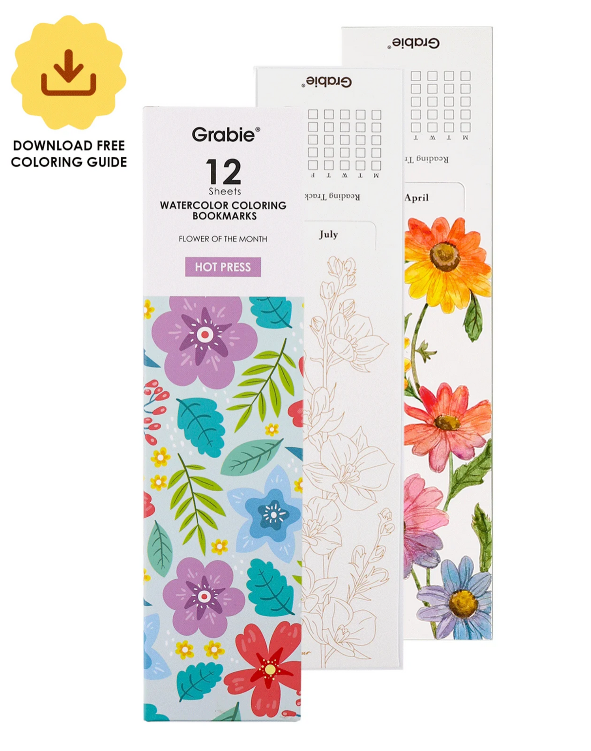 Set of 12 watercolor floral bookmarks featuring birth flowers for each month, designed for coloring and creative expression