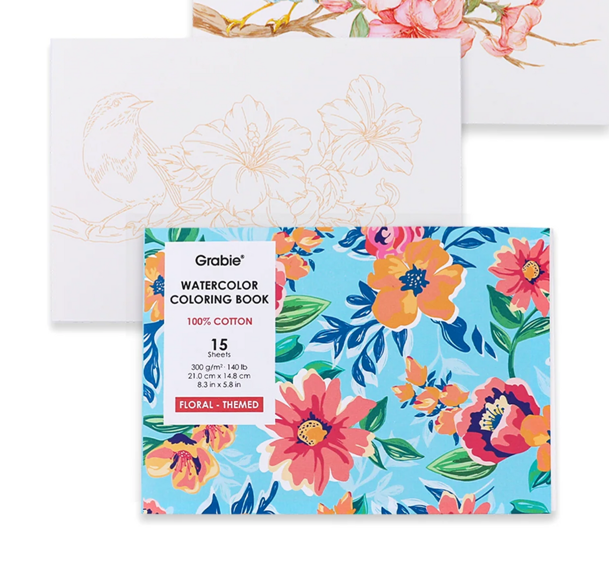 Floral-themed watercolor coloring book with vibrant flower designs on smooth 100% cotton paper for creative relaxation