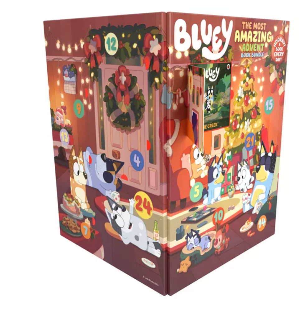 Bluey themed advent calendar book bundle with 24 mini-books featuring festive stories and activities for Christmas countdown