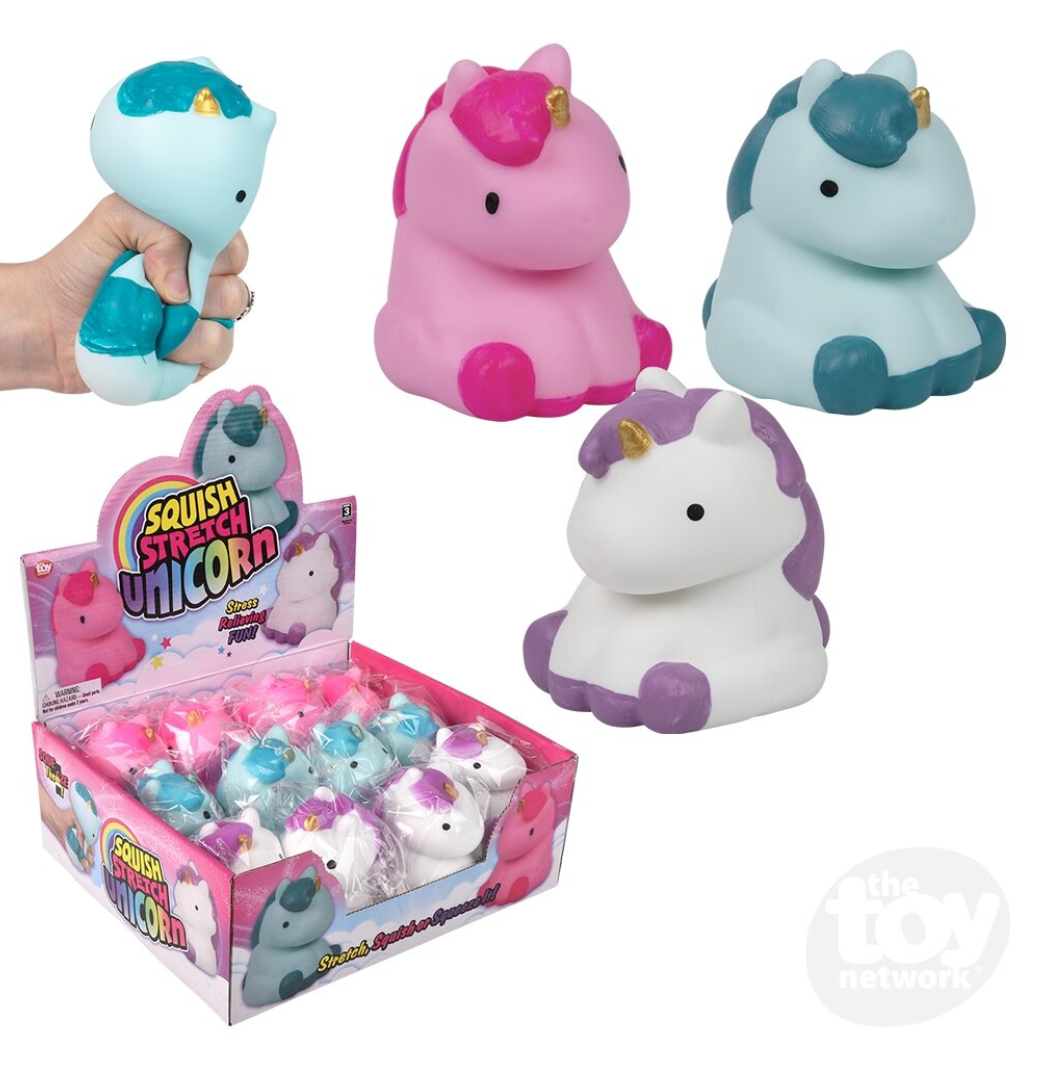 Assorted colorful squishy unicorn fidget toys with soft texture, perfect for squeezing and stretching to calm fidgety hands.