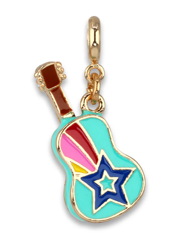 Gold guitar charm with colorful star and geometric design from Rebel Girls collection with a hanging loop