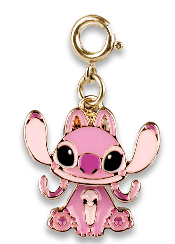 Gold swivel charm featuring a cute pink angel character with large eyes and outstretched ears for charm bracelets