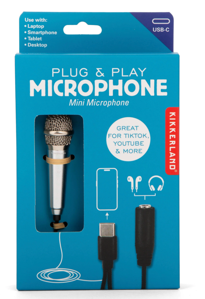 Compact plug and play mini microphone with USB-C and audio jack for recording, podcasting, or karaoke on multiple devices