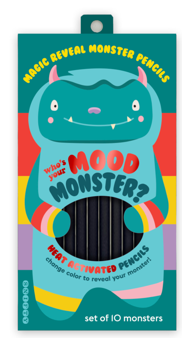 Colorful packaging of Mood Monster Pencil Set featuring a friendly blue monster with rainbow-striped arms and ten black pencils inside