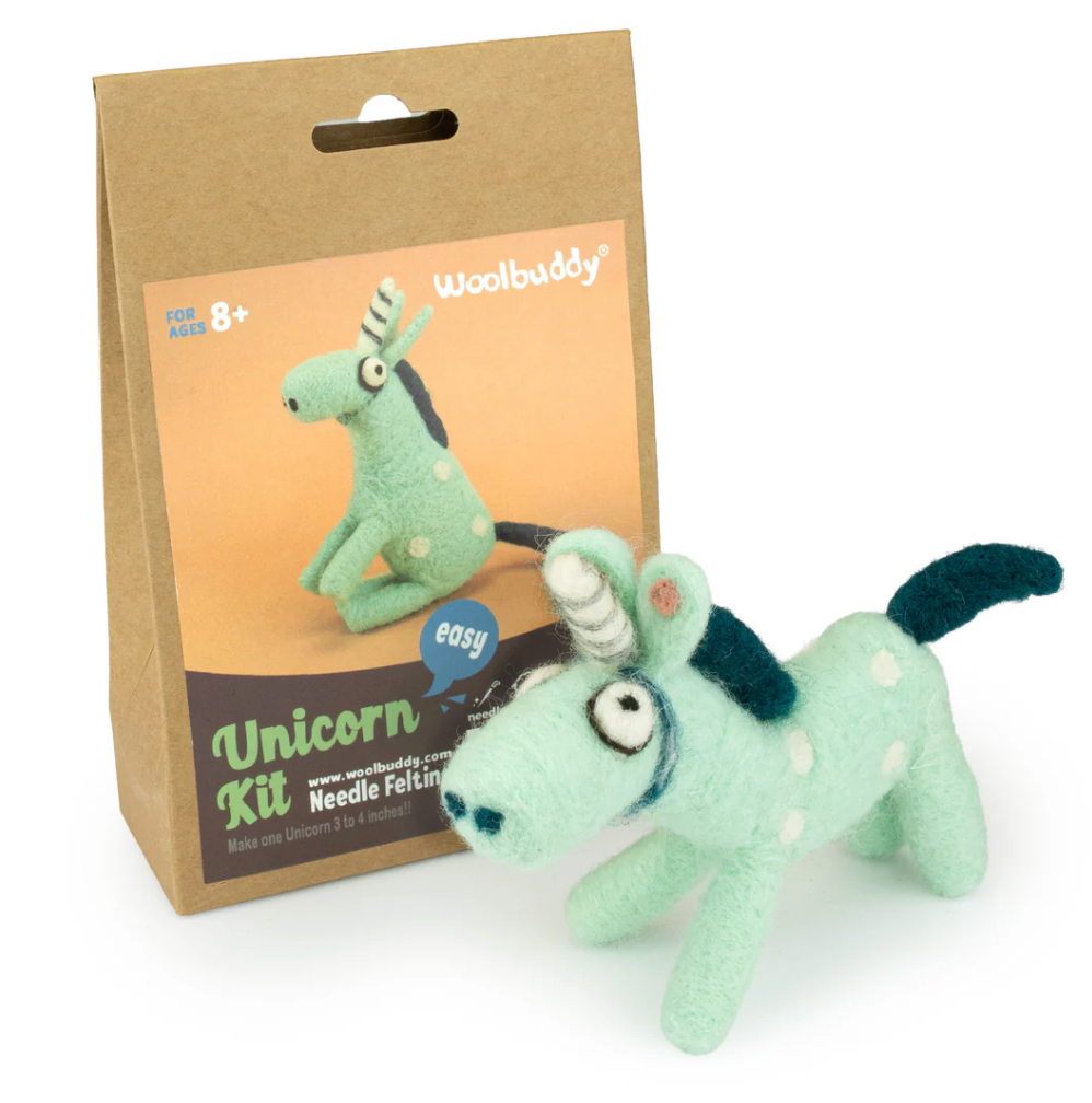 Needle felting kit for kids with materials to create a soft green unicorn figure, perfect for beginner craft projects.
