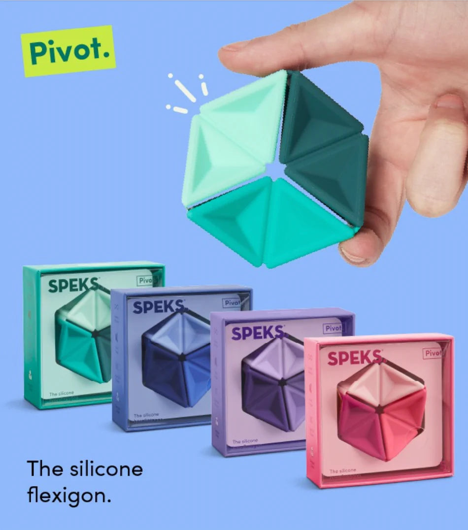 Speks. Pivot. Colorful silicone hexagon fidget toy shown with four boxed color options