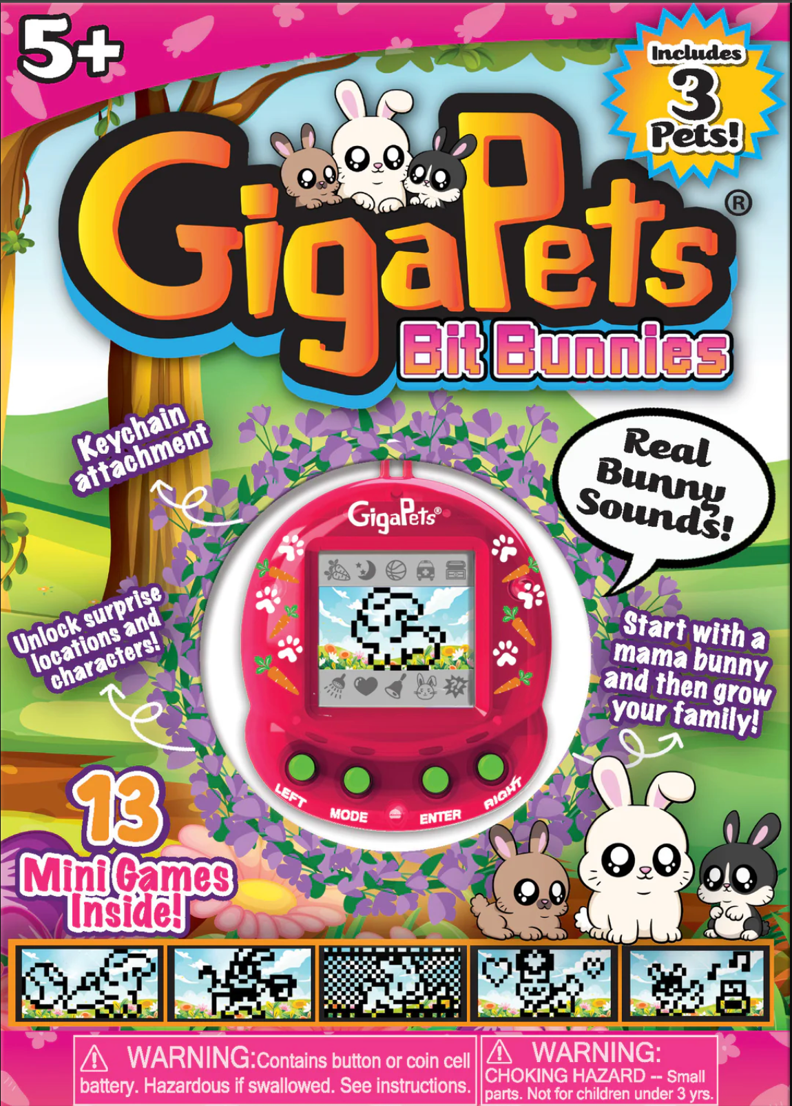 GigaPets Bit Bunny virtual pet toy with keychain, includes three pets, real bunny sounds, and 13 mini games for kids 5 and up.