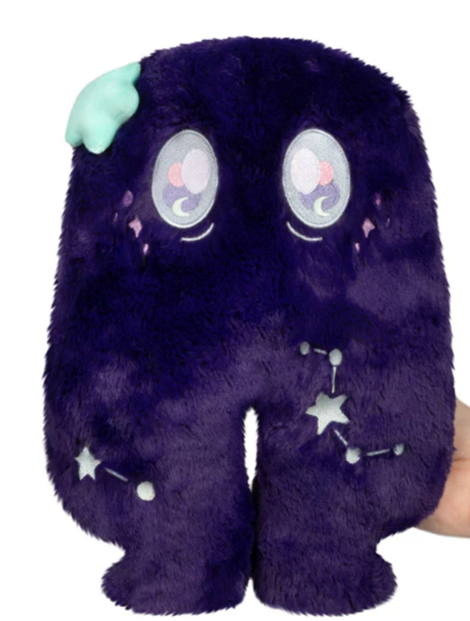 Soft plush midnight crawler mini with celestial star details and expressive eyes in deep purple tones