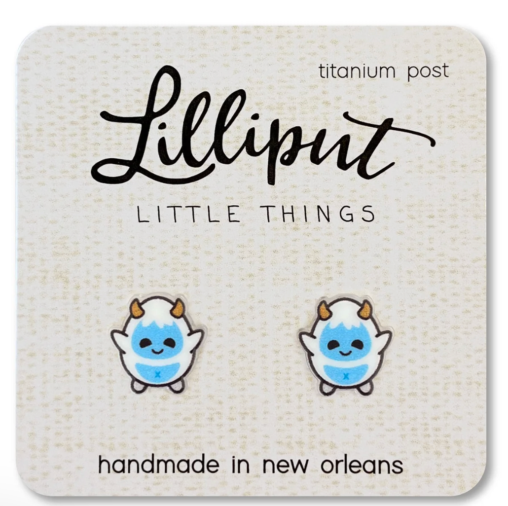 Cute handmade baby yeti earrings with titanium posts for sensitive ears, perfect for cozy winter vibes and gifts