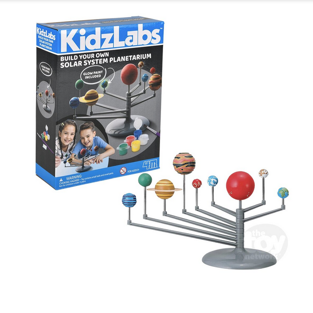 Kid-friendly solar system model kit featuring planets on rods with a glowing paint set for interactive learning.