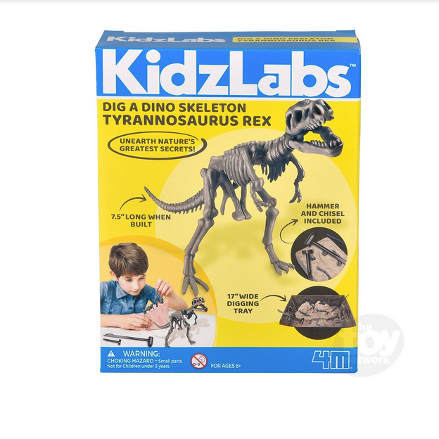 Box of KidzLabs T-Rex dig kit with dinosaur skeleton model and tools for excavation activity targeted at children aged 8 and up