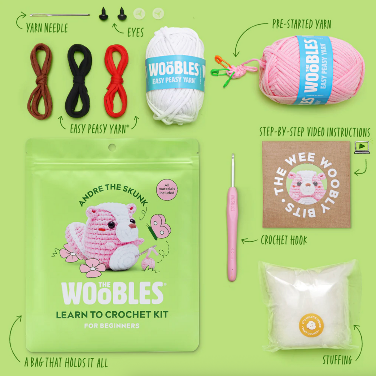The Woobles Crochet Kit | Andre the Pink Skunk