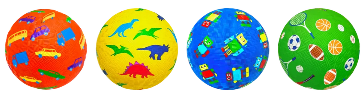 Four colorful balls with patterns of vehicles, dinosaurs, city blocks, and sports equipment on a white background