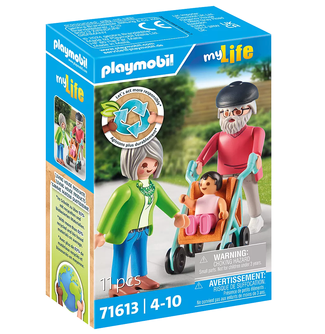 Playmobil family set with elderly man pushing stroller holding child and woman with gray hair outdoors