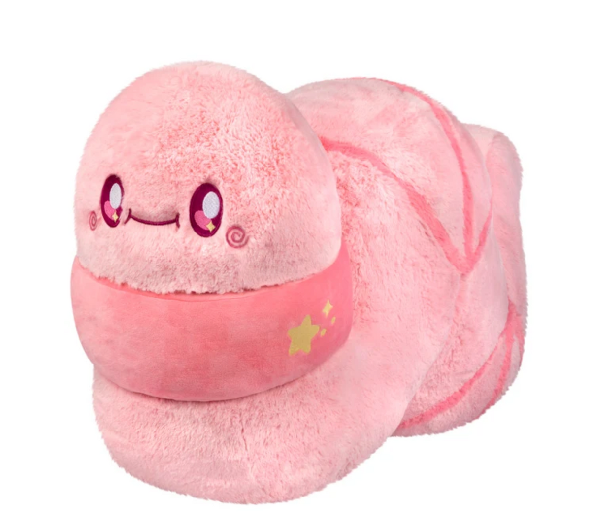Worm Mega pink plush toy with a smiling face and yellow star detail