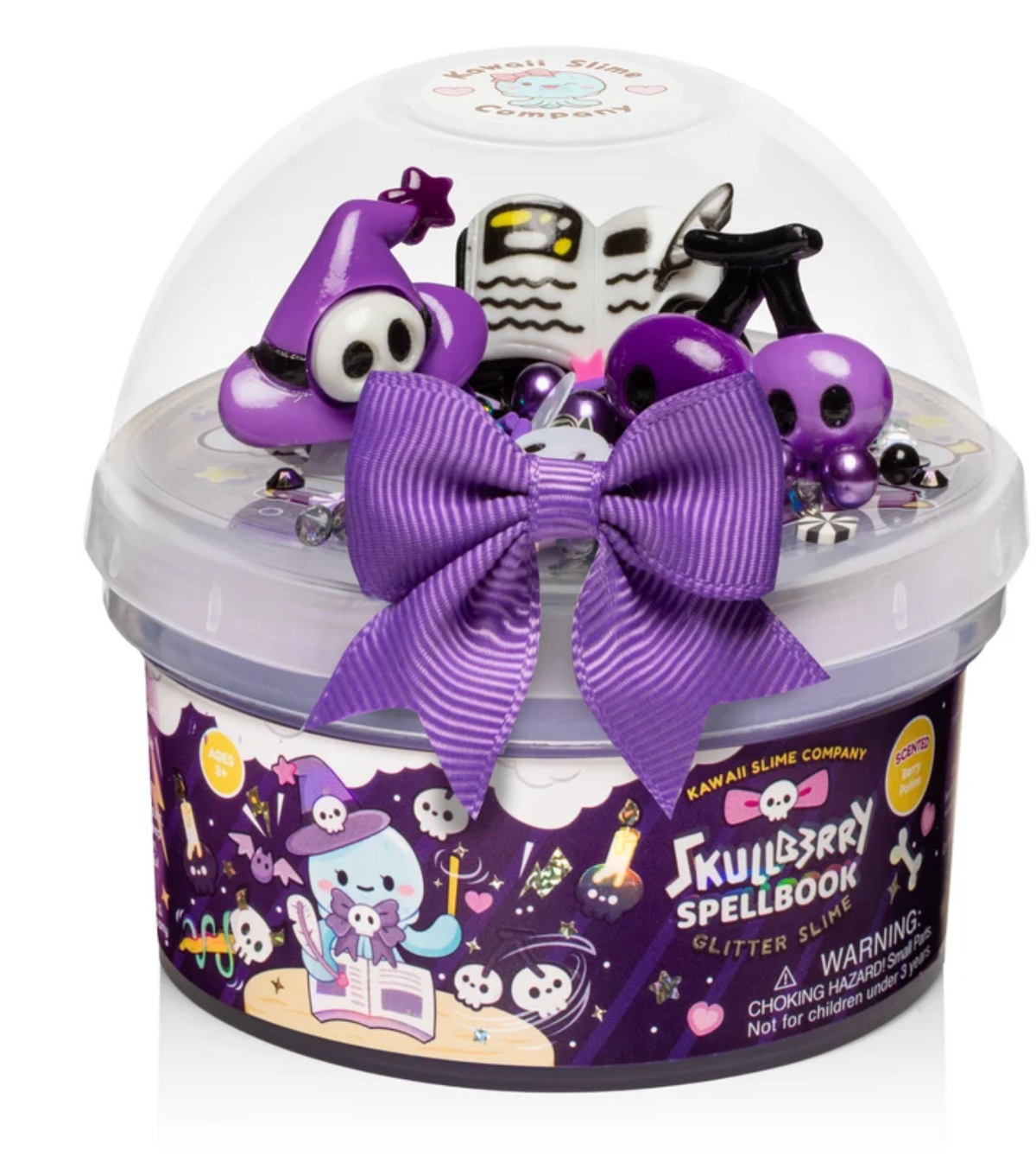 Skullberry Spellbook Glitter Slime container with purple bow and spooky charms