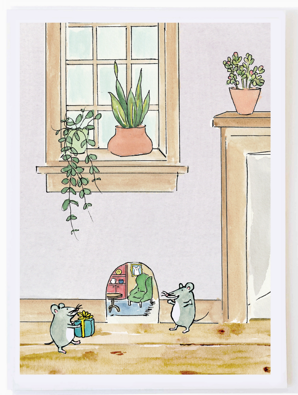 Mouse House Birthday card with illustrated mice exchanging gifts in a cozy room filled with potted plants