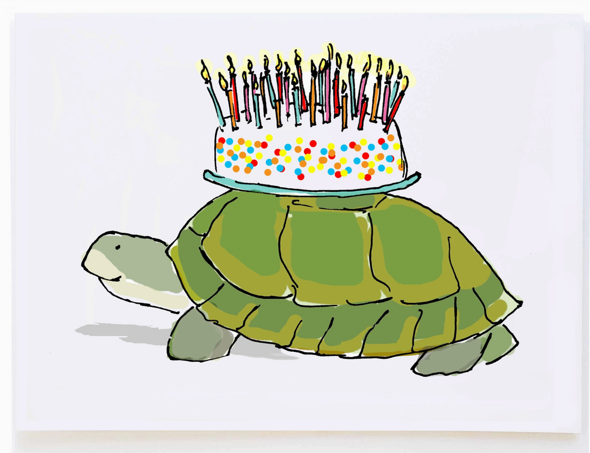 Turtle with Cake Birthday Card featuring a green turtle with a colorful candle topped cake on its shell