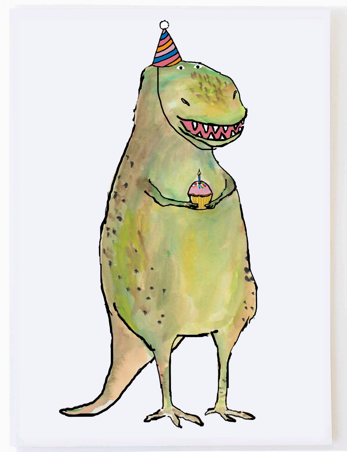 T-Rex with Cupcake Birthday Card featuring a smiling T-Rex wearing a party hat and holding a cupcake
