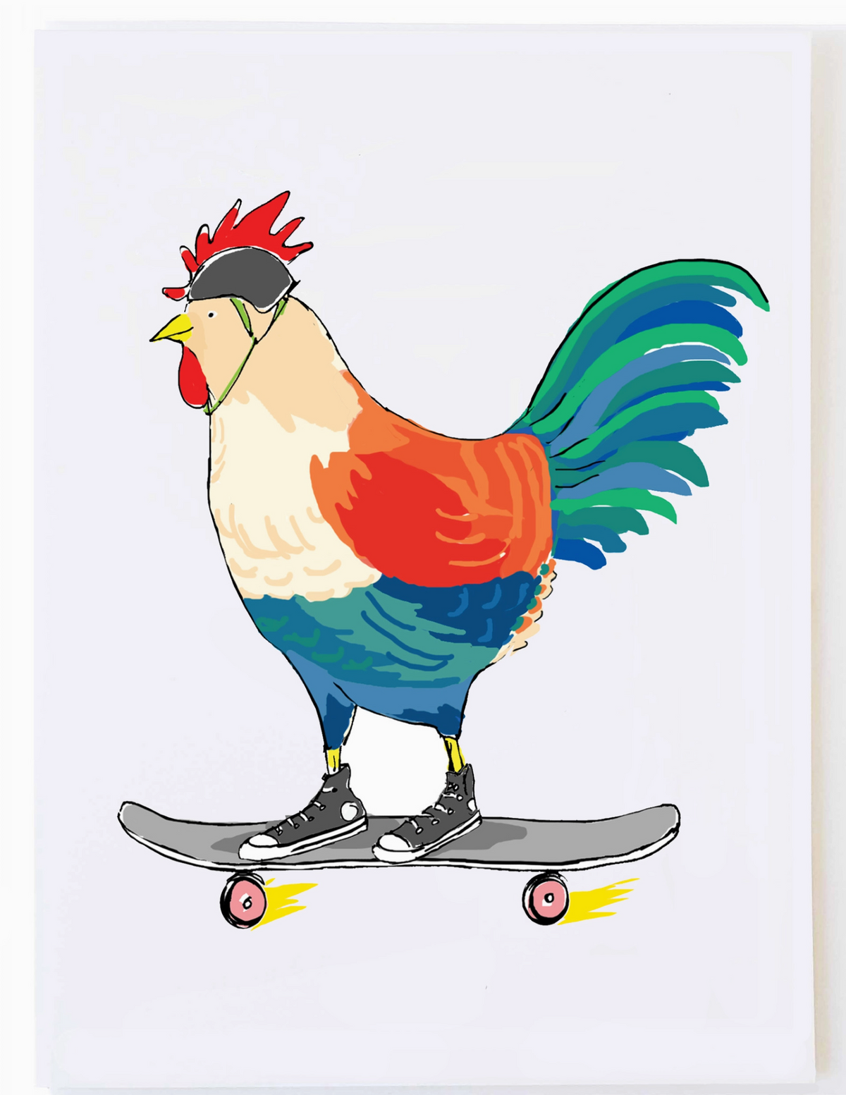 Rooster Skateboarding Birthday Card featuring a colorful rooster riding a skateboard