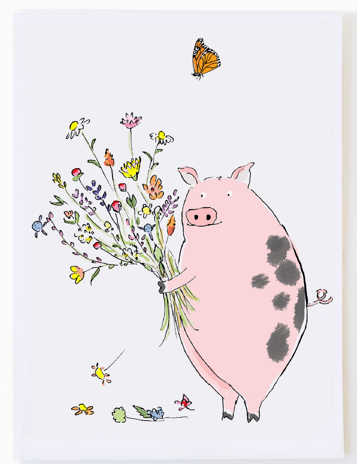 Pig with Wildflowers Birthday Card featuring a pink pig holding a colorful bouquet of wildflowers