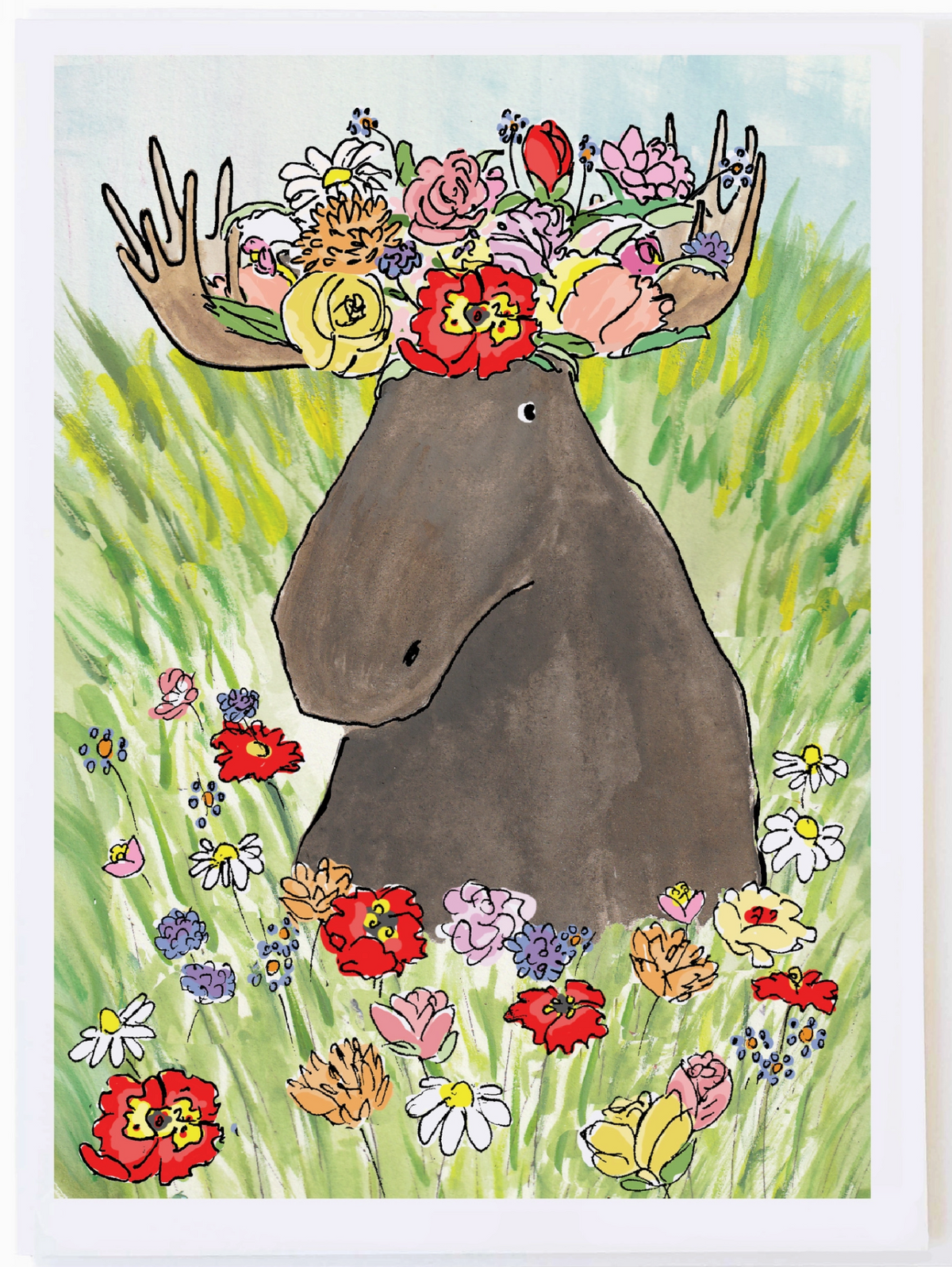 Moose with Flower Crown Card featuring a moose wearing colorful flowers in a wildflower meadow