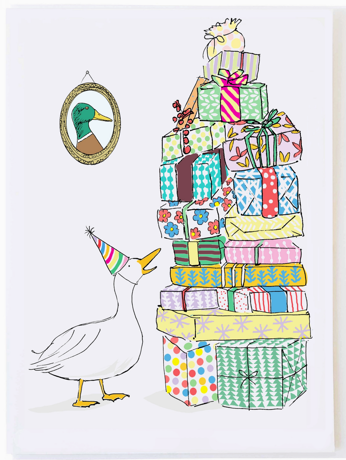 Lucky Duck Birthday Card featuring a duck in a party hat beside a tall stack of colorful wrapped gifts