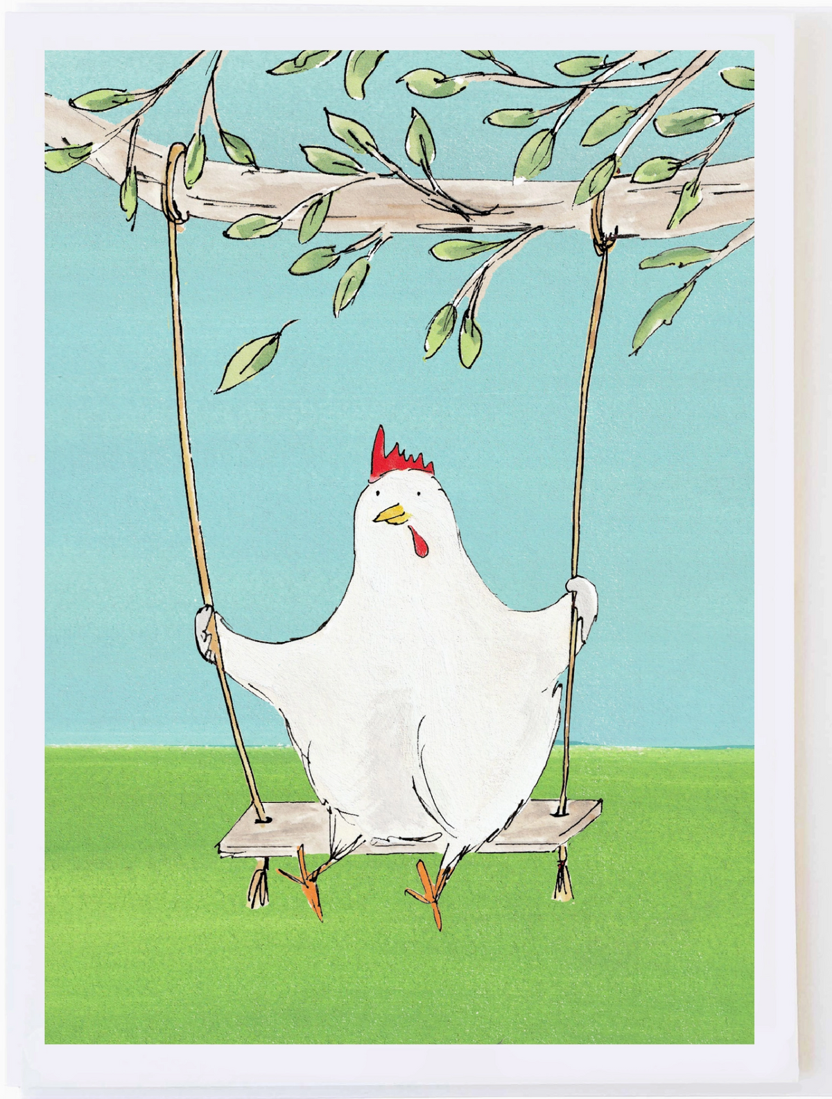 Chicken Swing Card featuring a white chicken swinging from a tree branch over a grassy field