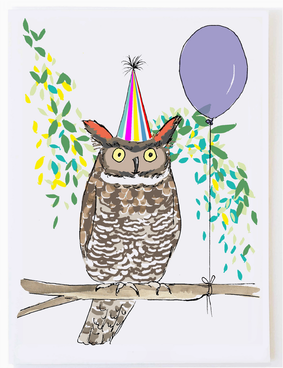 Birthday Owl Card featuring a whimsical owl wearing a party hat with a balloon and leafy branches